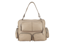 TOD'S BEIGE LEATHER MULTI POCKET SATCHEL BAG SILVER HARDWARE WITH DUST COVER