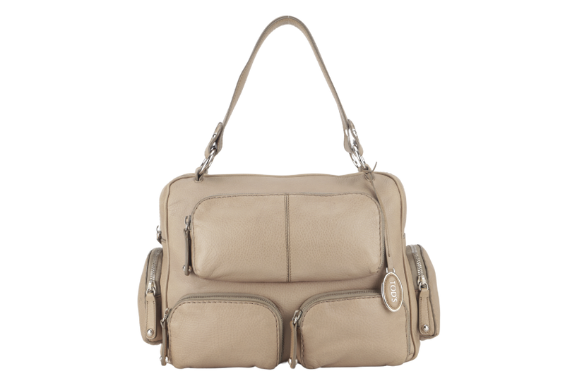 TOD'S BEIGE LEATHER MULTI POCKET SATCHEL BAG SILVER HARDWARE WITH DUST COVER