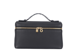 LORO PIANA EXTRA POCKET POUCH L19 BLACK GRAINED CALFSKIN WITH STRAPS GOLD HARDWARE AND DUST COVER