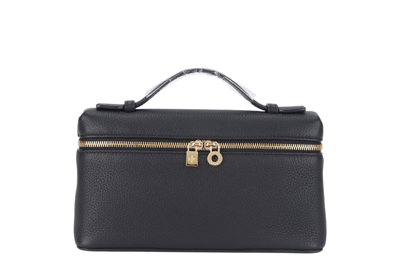 LORO PIANA EXTRA POCKET POUCH L19 BLACK GRAINED CALFSKIN WITH STRAPS GOLD HARDWARE AND DUST COVER