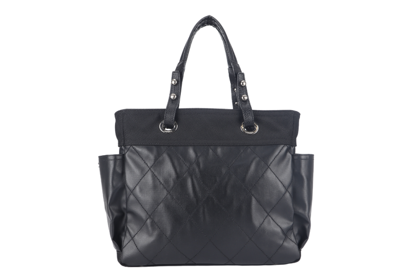 CHANEL PARIS BIARRITZ MEDIUM TOTE (1251xxxx) BLACK COATED CANVAS SILVER HARDWARE WITH CARD, DUST COVER AND BOX