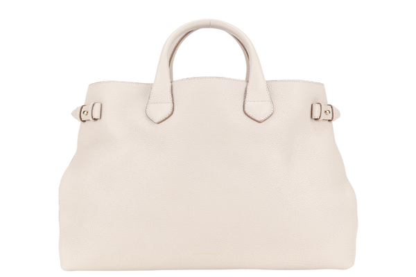 BURBERRY BEIGE BANNER HOUSE CHECK DERBY TOTE CALF LEATHER GOLD HARDWARE WITH STRAPS AND DUST COVER