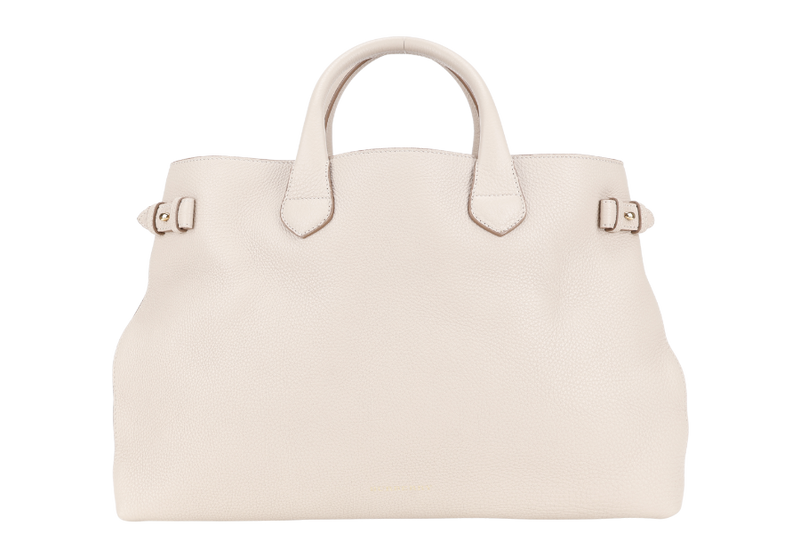 BURBERRY BEIGE BANNER HOUSE CHECK DERBY TOTE CALF LEATHER GOLD HARDWARE WITH STRAPS AND DUST COVER