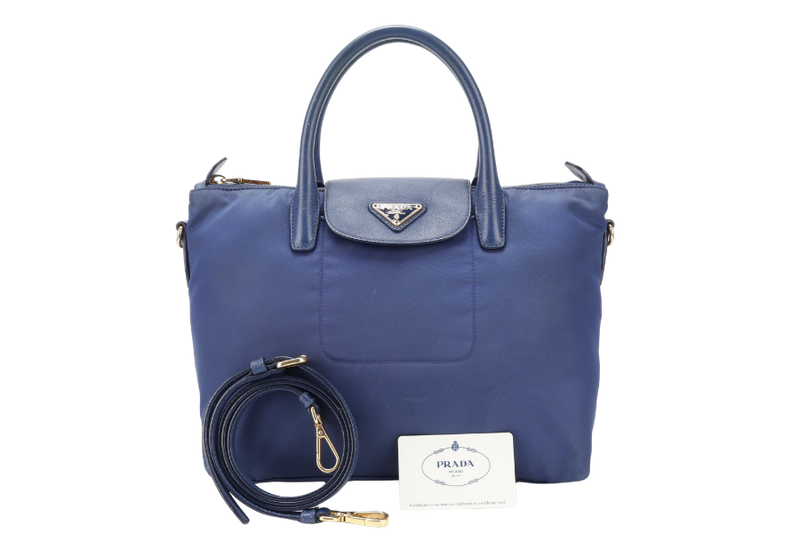 PRADA TESSUTO MEDIUM TOTE (BN2106) NAVY BLUE NYLON GOLD HARDWARE WITH CARD AND STRAPS