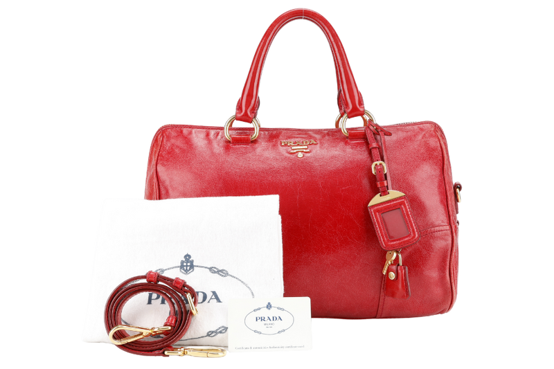 PRADA RED VITELLO SHINE LEATHER (BL0822) ZIP TOTE BAG WITH STRAPS, CARD, KEYS&LOCK AND DUST COVER