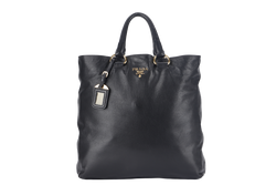 PRADA SHOPPING TOTE (BN1713) LARGE BLACK CALF LEATHER GOLD HARDWARE WITH STRAP AND DUST COVER