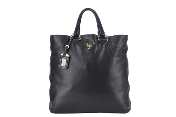 PRADA SHOPPING TOTE (BN1713) LARGE BLACK CALF LEATHER GOLD HARDWARE WITH STRAP AND DUST COVER