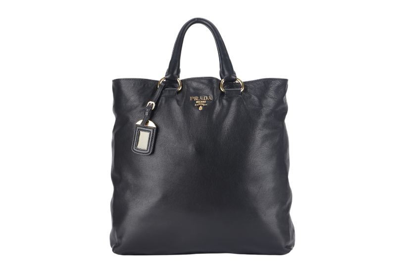 prada shopping tote bn1713 large black calf leather gold hardware with strap and dust cover