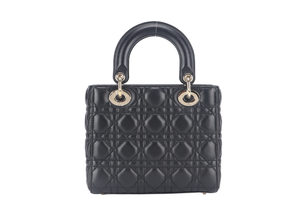 CHRISTIAN DIOR SMALL LADY DIOR BLACK LAMBSKIN GOLD HARDWARE WITH ICONS STRAPS AND DUST COVER