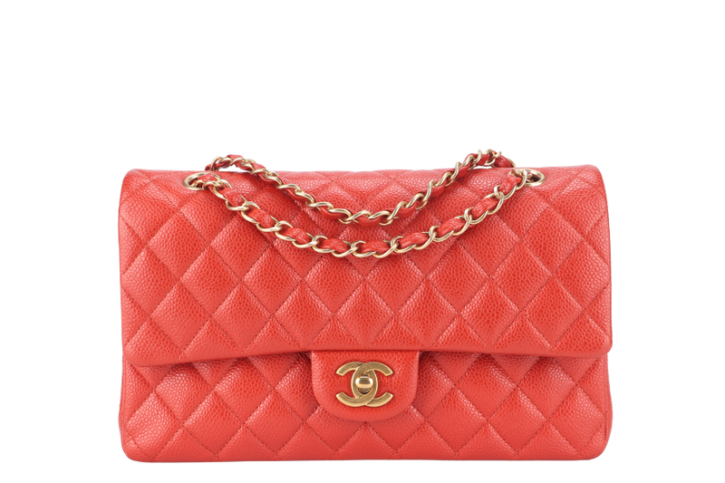 CHANEL CLASSIC FLAP MEDIUM ORANGE RED CAVIAR GOLD HARDWARE (2051xxxx) WITH CARD