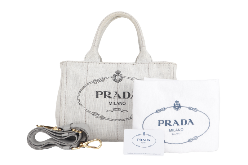 PRADA 1BG439 SMALL DENIM CANAPA CANVAS 2WAYS BAG GOLD HARDWARE WITH CARD, STRAP AND DUST COVER