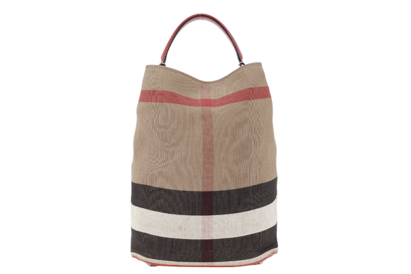 BURBERRY ASHBY CHECK CANVAS BUCKET BAG SILVER HARDWARE WITH LEATHER STRAPS