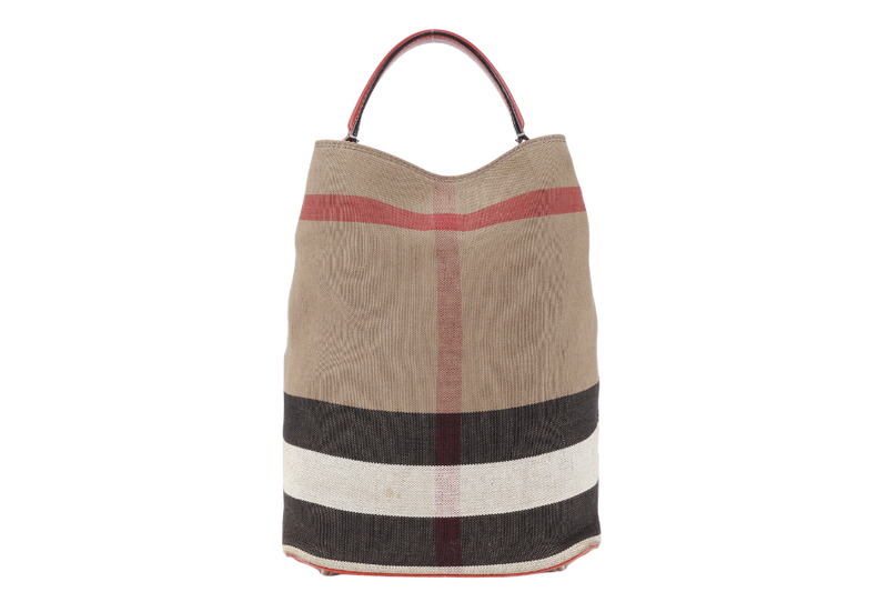 BURBERRY ASHBY CHECK CANVAS BUCKET BAG SILVER HARDWARE WITH LEATHER STRAPS