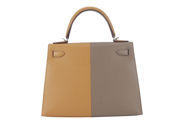 HERMES KELLY 28 STAMP U (YEAR 2023) CASAQUE ETOUPE, SESAME COLOR EPSOM LEATHER SILVER HARDWARE WITH STRAPS, LOCK&KEYS, RAINCOAT AND DUST COVER