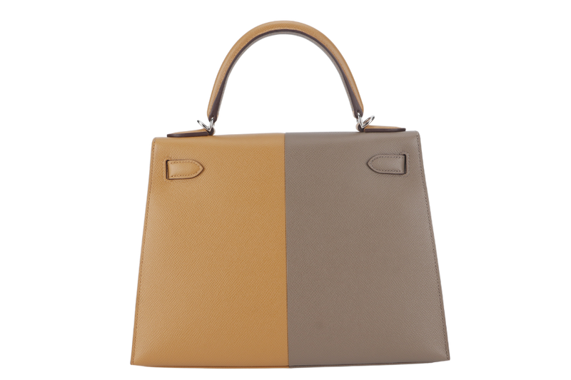 HERMES KELLY 28 STAMP U (YEAR 2023) CASAQUE ETOUPE, SESAME COLOR EPSOM LEATHER SILVER HARDWARE WITH STRAPS, LOCK&KEYS, RAINCOAT AND DUST COVER