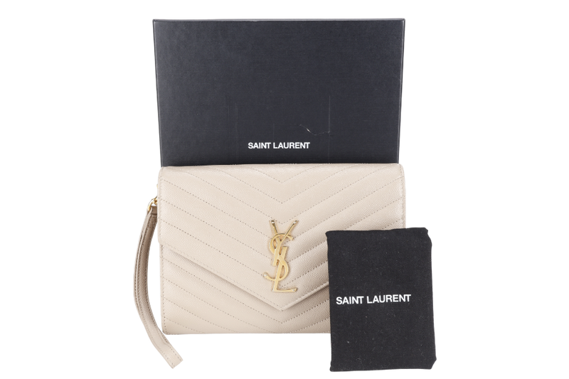 YVES SAINT LAURENT (YSL) CLUTCH BEIGE LEATHER GOLD HARDWARE WITH DUST COVER AND BOX