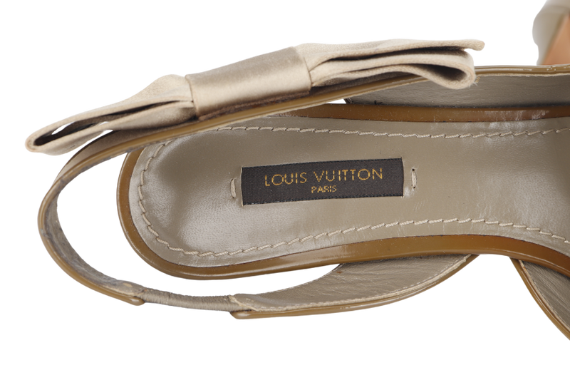 LOUIS VUITTON OPEN TOE PUMP SHOES TAUPE SATIN BOW SIZE 36.5