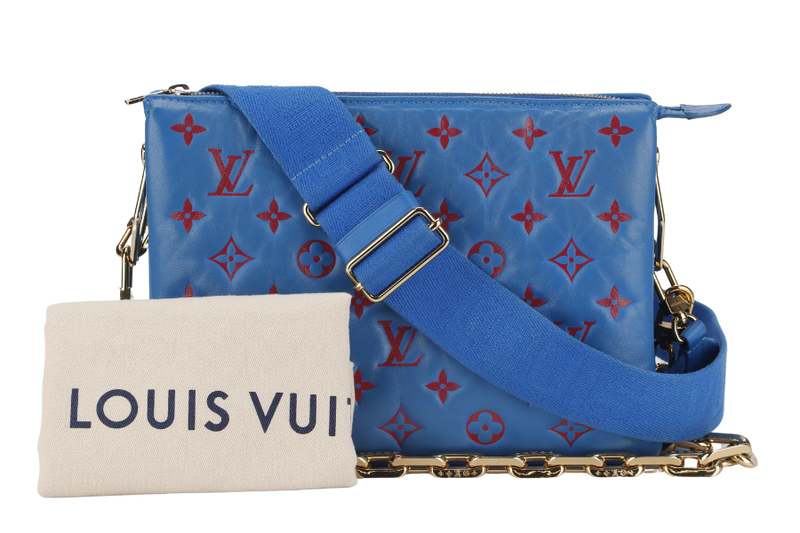 LOUIS VUITTON COUSSIN CROSSBODY BAG PM BLUE & RED EMBOSSED LAMBSKIN GOLD HARDWARE MICROCHIP WITH DUST COVER AND BOX