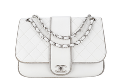 CHANEL WHITE QUILTED LEATHER GLITTER TRIM EDGE SHOULDER BAG SILVER CHAIN 2718xxxx WITH CARD, DUST COVER AND BOX