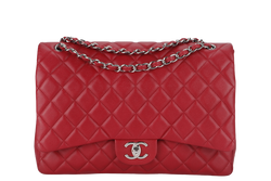 CHANEL CLASSIC FLAP MAXI (1442xxxx) RED CAVIAR LEATHER SILVER HARDWARE WITH CARD