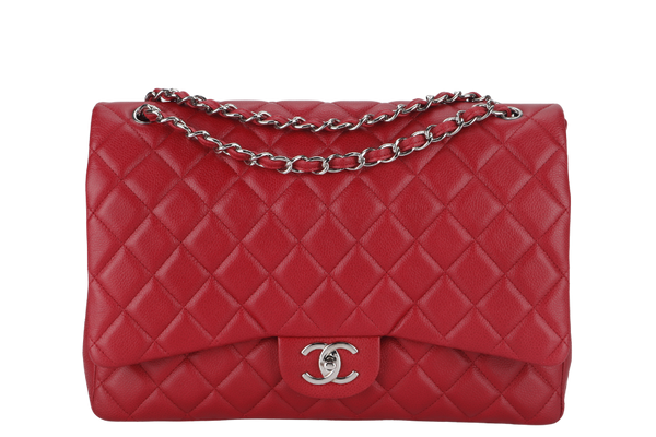 CHANEL CLASSIC FLAP MAXI (1442xxxx) RED CAVIAR LEATHER SILVER HARDWARE WITH CARD