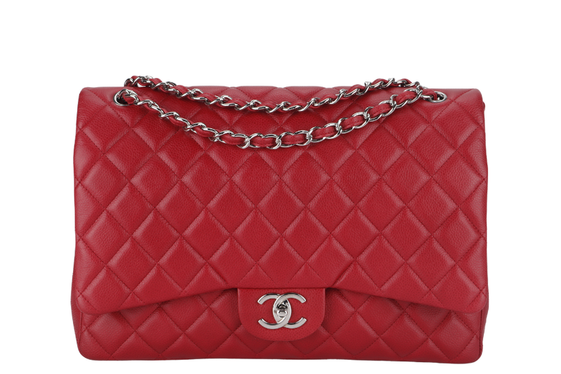 CHANEL CLASSIC FLAP MAXI (1442xxxx) RED CAVIAR LEATHER SILVER HARDWARE WITH CARD