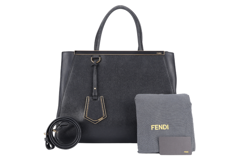 FENDI 8BH250-D7E 2JOURS ELITE TOTE MEDIUM BLACK VITELLO LEATHER GOLD HARDWARE WITH STRAPS, DUST COVER AND CARD