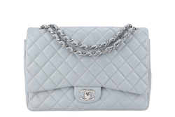 CHANEL CLASSIC FLAP MAXI GREY CAVIAR LEATHER WITH SILVER CHAIN (1739xxxx) WITH CARD , DUST COVER AND BOX