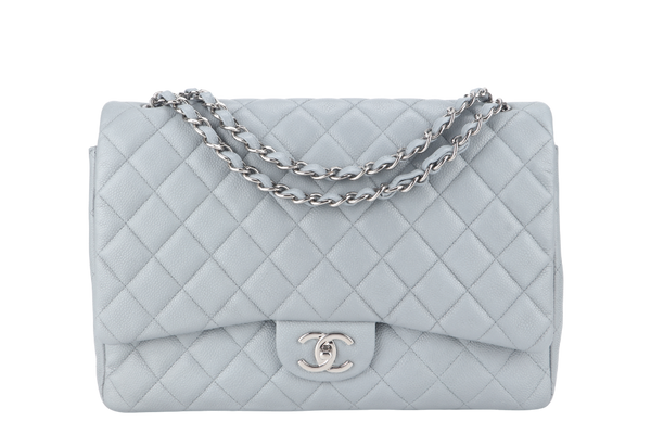 CHANEL CLASSIC FLAP MAXI GREY CAVIAR LEATHER WITH SILVER CHAIN (1739xxxx) WITH CARD , DUST COVER AND BOX