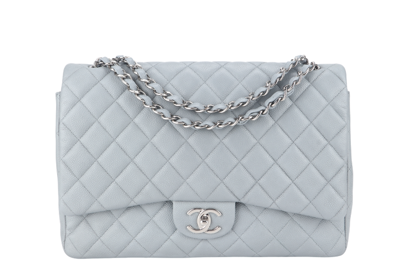 CHANEL CLASSIC FLAP MAXI GREY CAVIAR LEATHER WITH SILVER CHAIN (1739xxxx) WITH CARD , DUST COVER AND BOX