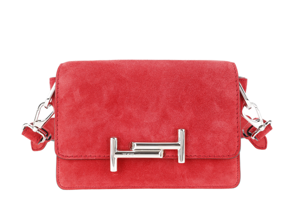 TODS AMU PATTINA TRACOLLA MINI RED SUEDE SHOULDER BAG SILVER HARDWARE WITH STRAPS AND DUST COVER
