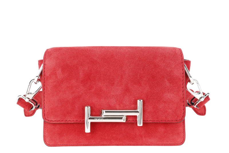 TODS AMU PATTINA TRACOLLA MINI RED SUEDE SHOULDER BAG SILVER HARDWARE WITH STRAPS AND DUST COVER