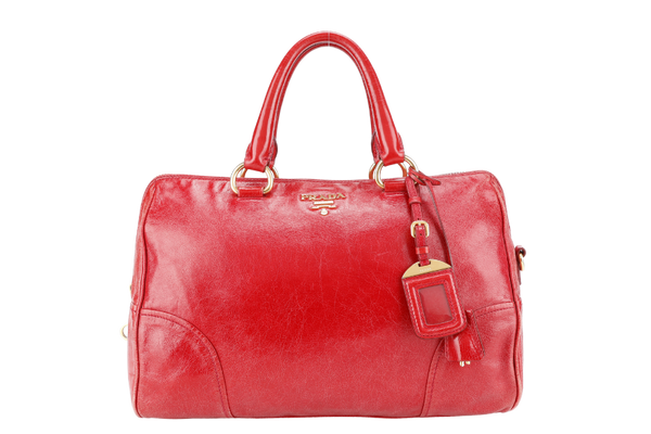 PRADA BL0822 RED VITELLO SHINE LEATHER ZIP TOTE BAG WITH CARD, STRAPS, KEYS & LOCK AND DUST COVER