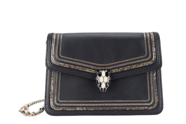 BVLGARI FOREVER SERPENTI DIAMOND BLAST SMALL BLACK LEATHER GOLD HARDWARE WITH CARD, DUST COVER AND BOX