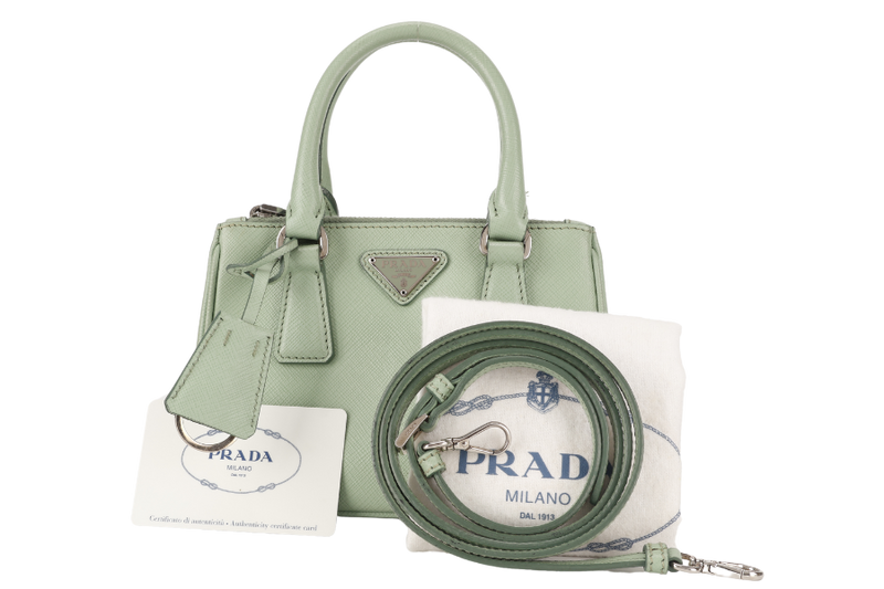 PRADA SAFFIANO LUX SMALL GALLERIA DOUBLE ZIP TOTE AQUAMARINE SILVER HARDWARE WITH CARD AND DUST COVER