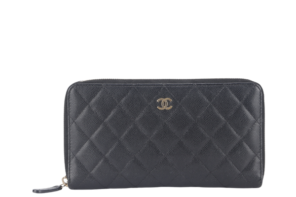 CHANEL ZIP AROUND WALLET (2450xxxx) BLACK CAVIAR LEATHER GOLD HARDWARE WITH CARD AND BOX