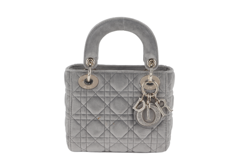 CHRISTIAN DIOR LADY DIOR (01-RU-1129) MINI GREY SUEDE LEATHER GOLD HARDWARE WITH STRAP, CARD AND DUST COVER