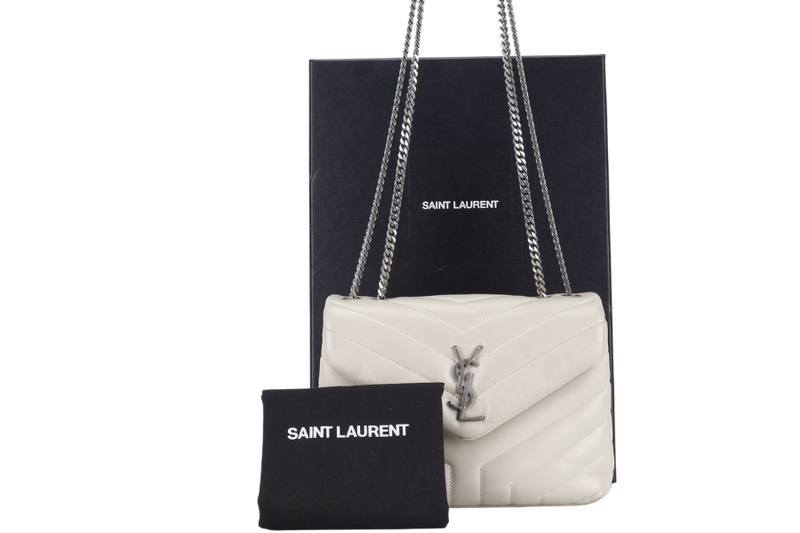 YVES SAINT LAURENT (YSL) LOULOU SMALL LIGHT GREY LEATHER SHOULDER BAG SILVER HARDWARE WITH LEATHER STRAPS, DUST COVER AND BOX