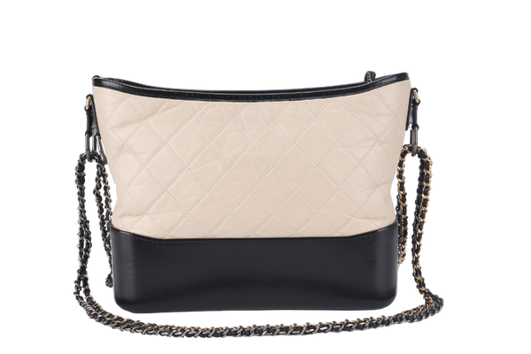 CHANEL GABRIELLE HOBO MEDIUM (2403xxxx) BEIGE-BLACK AGED CALFSKIN WITH GOLD TONE/SILVER TONE & RUTHENIUM HARDWARE WITH DUST COVER AND BOX