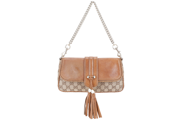 GUCCI VINTAGE BEIGE AND BROWN GG CANVAS MARRAKECH EVENING BAG GOLD HARDWARE WITH DUST COVER