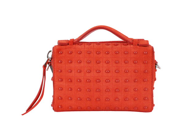 TODS RUBBERSTUD CROSSBODY SLING BAG ORANGE SUEDE SILVER HARDWARE WITH STRAPS AND DUST COVER