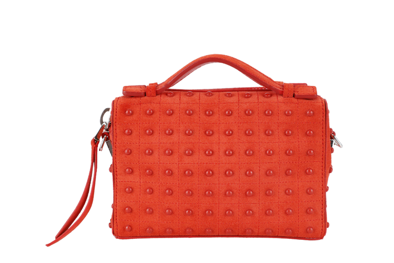 TODS RUBBERSTUD CROSSBODY SLING BAG ORANGE SUEDE SILVER HARDWARE WITH STRAPS AND DUST COVER