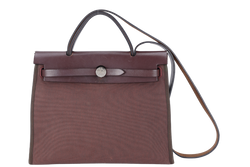 HERMES HERBAG 31 PRUNE CANVAS WITH BROWN LEATHER TRIM STAMP R (2014) SILVER HARDWARE WITH LOCK & KEYS, DUST COVER AND BOX