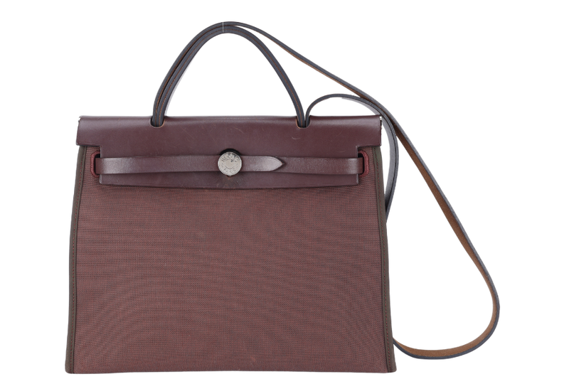 HERMES HERBAG 31 PRUNE CANVAS WITH BROWN LEATHER TRIM STAMP R (2014) SILVER HARDWARE WITH LOCK & KEYS, DUST COVER AND BOX