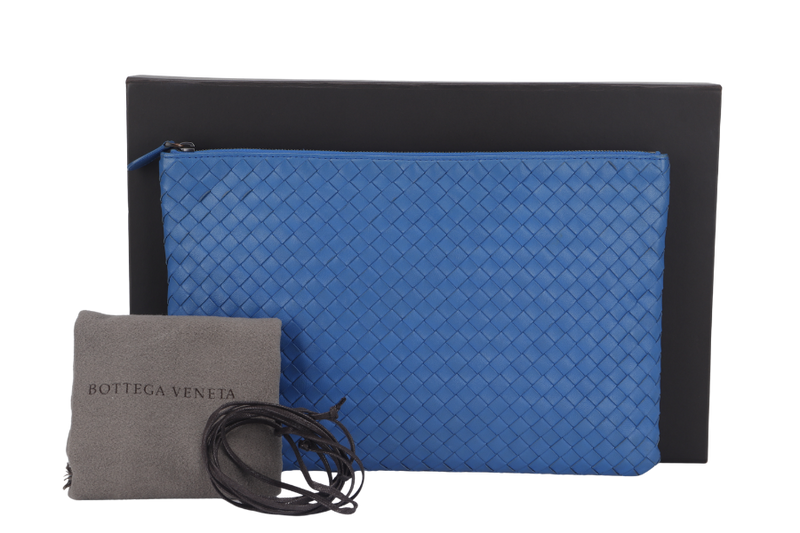 BOTTEGA VENETA INTRECCIATO CLUTCH BLUE LEATHER SILVER HARDWARE WITH DUST COVER AND BOX