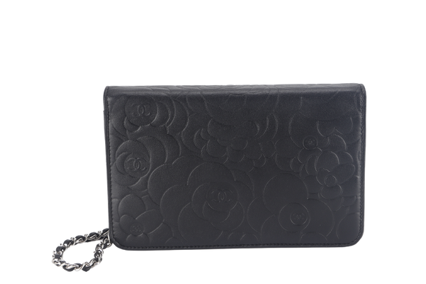 CHANEL CAMELLIA W.O.C (1609xxxx) BLACK EMBOSSED LAMBSKIN SILVER HARDWARE  WITH CARD AND BOX