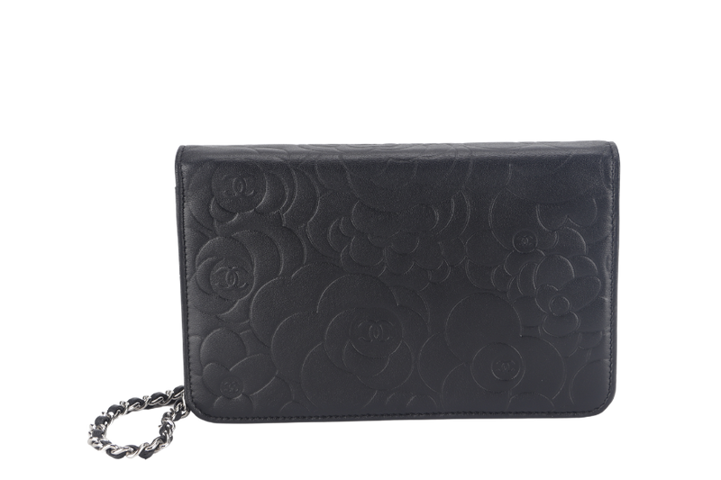 CHANEL CAMELLIA W.O.C (1609xxxx) BLACK EMBOSSED LAMBSKIN SILVER HARDWARE  WITH CARD AND BOX