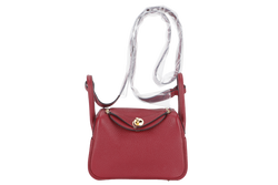 HERMES LINDY MINI 20 STAMP Y (YEAR 2020) ROUGE GRENAT CLEMENCE LEATHER GOLD HARDWARE WITH DUST COVER AND BOX