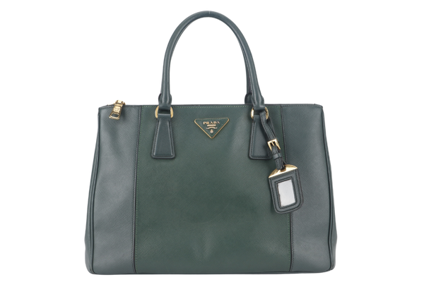 PRADA MEDIUM GALLERIA TOTE GREEN BICOLOR SAFFIANO LUX LEATHER GOLD HARDWARE WITH STRAPS AND DUST COVER