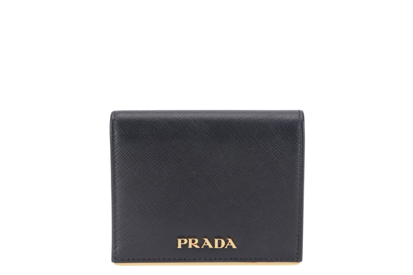 PRADA BLACK SAFFIANO CARD CASE WITH COIN POUCH GOLD HARDWARE NO CARD WITH BOX